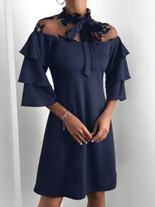 SHEIN Flocked Mesh Ribbon Insert Tie Neck Flare Sleeve Dress