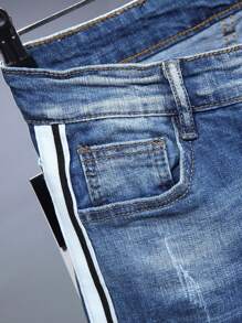 Manfinity EMRG 男士加大尺碼破洞拼接彩色條紋錐形牛仔褲 - 藍色 - 查看 5