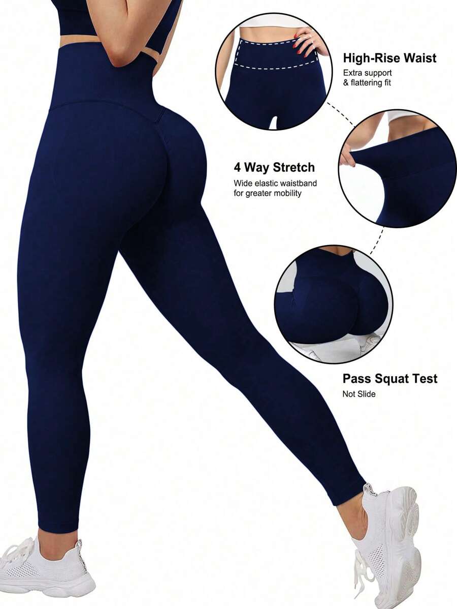 Easithlete Quần legging thể thao co giãn eo cao không đường may, thích hợp cho yoga và thể hình - Màu xanh hải quân - Xem 1