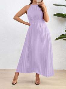 Franclia 加大码纯色连衣裙，带褶边下摆和褶皱腰带，超长女装 - 紫色 - 查看 4