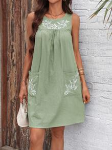 SHEIN LUNE Váy thêu hoa đơn giản mùa hè hai túi - màu xanh lá - Xem 3