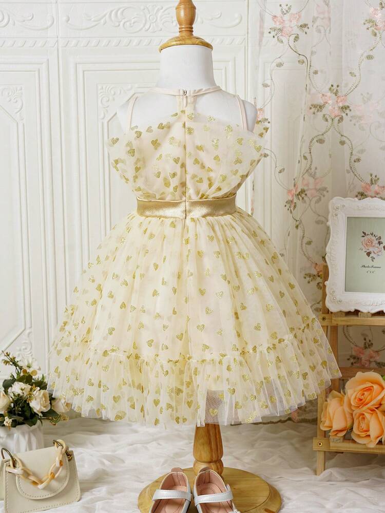 Baby Girl's Elegant Multilayered Mesh Dress With Heart Pattern And Bowknot Waistband