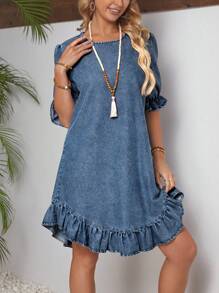 EMERY ROSE Women Simple Round Neck Denim Dress With Ruffle Trim - Medium Wash - View 4