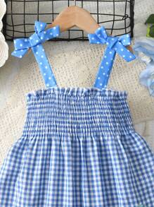 Young Girls' Dopamine Polka Dot Ribbon Strap Dress, Ruffled Top With Small Gingham Print, Countryside Style Children Dress - Blue - View 4