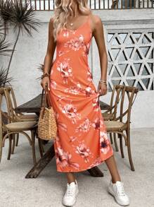 SHEIN LUNE 不对称剪裁印花时尚吊带连衣裙（大下摆花卉印花长裙）长款女装 - 橘色 - 查看 7