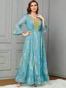 SISKAKIA Botanical Applique Decor Flare Sleeve Arabic Style Dress - Blue - View 3