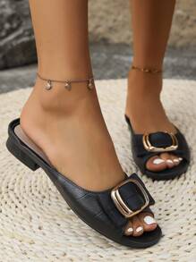 Fashionable Women's Pvc Sandals With Square Buckle, Casual Slippers