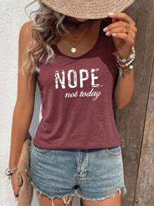 INAWLY 女士夏季無袖背心上衣，印有字母和圓領設計，適用於休閒場合 - 紅木色 - 查看 4