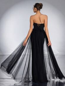 VIPGIRL 简约露肩高开叉修身黑色网眼礼服优雅礼服 - 黑色 - 查看 2