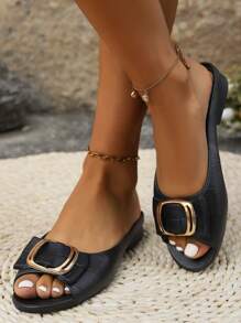 Fashionable Women's Pvc Sandals With Square Buckle, Casual Slippers