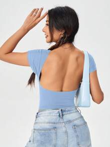SHEIN MOD Áo thun hở vai tay ngắn hở lưng đơn giản gợi cảm, mùa hè cho nữ - Màu xanh lam - Xem 2