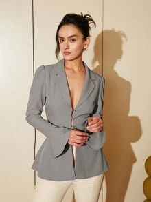 SHEIN Black Friday x Star Picks Damen Bluse mit Stehkragen, geraffter Taille und Glockenärmeln, einfarbig, Lässig Alltagsmode, Sommeroutfit - Dunkelgrau - Übersicht 8