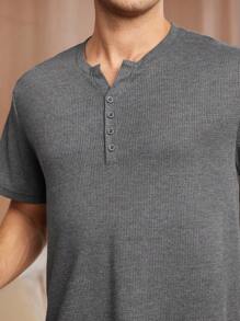 Conjunto de ropa de verano para hombre con camisa de manga corta y pantalón corto de un solo color para estar en casa - Gris Oscuro - Ver 6