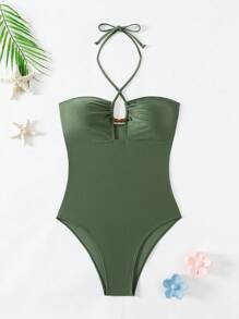 SHEIN Swim Hollow Out Slim Fit Halter Neck Summer Beach Vacation One Piece Swimsuit