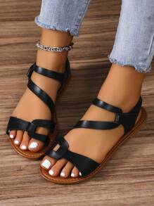 Black Round Toe Women Flat Sandals, Comfortable Flat Slippers For Ladies