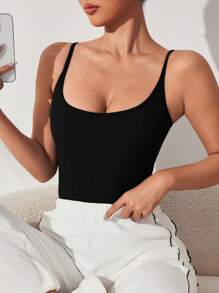 SHEIN Sports 女款無袖圓領運動連身衣，修身且簡約風格 - 黑色 - 查看 4