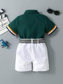SHEIN Conjunto informal de 2 piezas de camisa de manga corta con estampado de caballero y pantalones cortos para niños, adecuado para escapadas, vacaciones, viajes, relajación, tomar el sol, verano