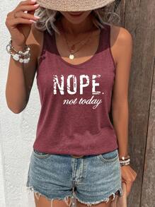 INAWLY 女士夏季無袖背心上衣，印有字母和圓領設計，適用於休閒場合 - 紅木色 - 查看 3