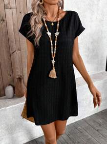 SHEIN LUNE Vestido negro con cuello redondo, hombro caído y textura - Negro - Ver 4