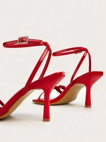 Wedding Party Vacation Sexy Red Open Toe Ankle Strap Buckle Belt Buckle Thin Heeled High Heel Sandals Valentines - Red - View 6