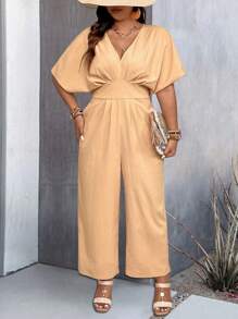 SHEIN Clasi Women's Plus Size Solid Color Deep V-Neck Pleated Jumpsuit - Apricot - View 1