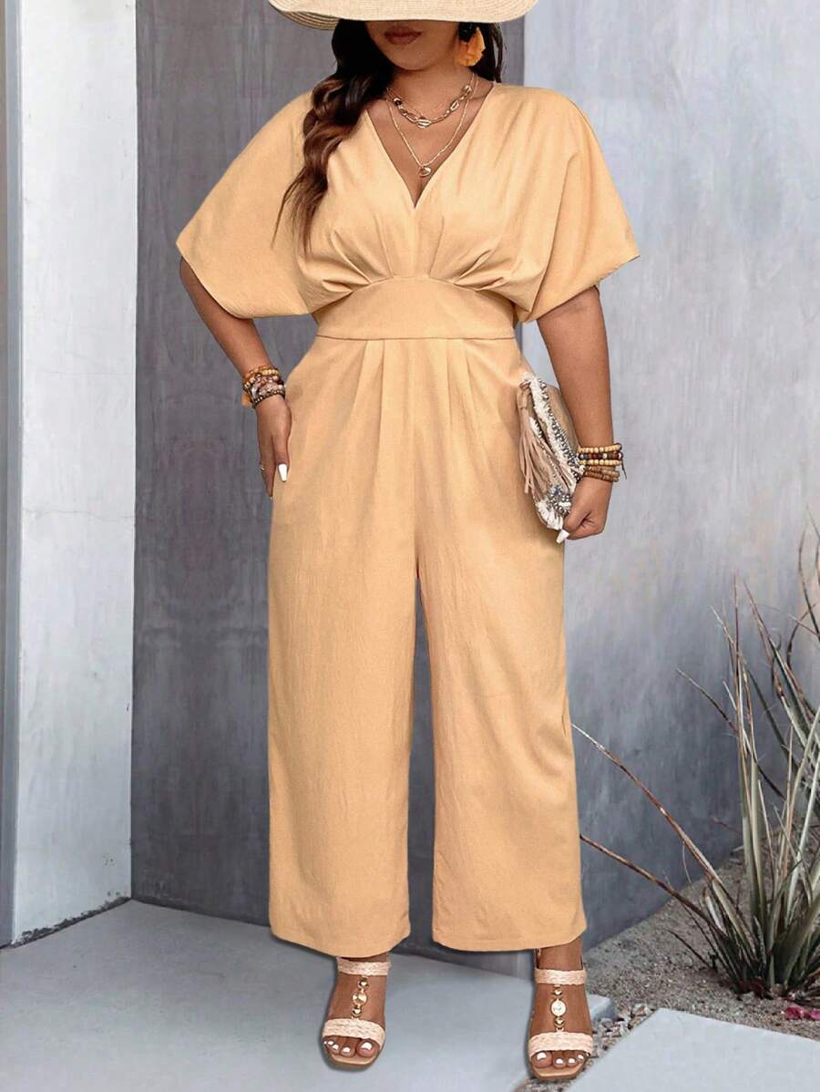 SHEIN Clasi Women's Plus Size Solid Color Deep V-Neck Pleated Jumpsuit - Apricot - View 1