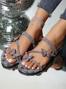 Colorful Rhinestone Bowknot Multi-Strap Two-Way Wearing Women's Slippers Outdoor Slides Summer/Autumn French Fashion Silver Sandals - Light Grey - View 4