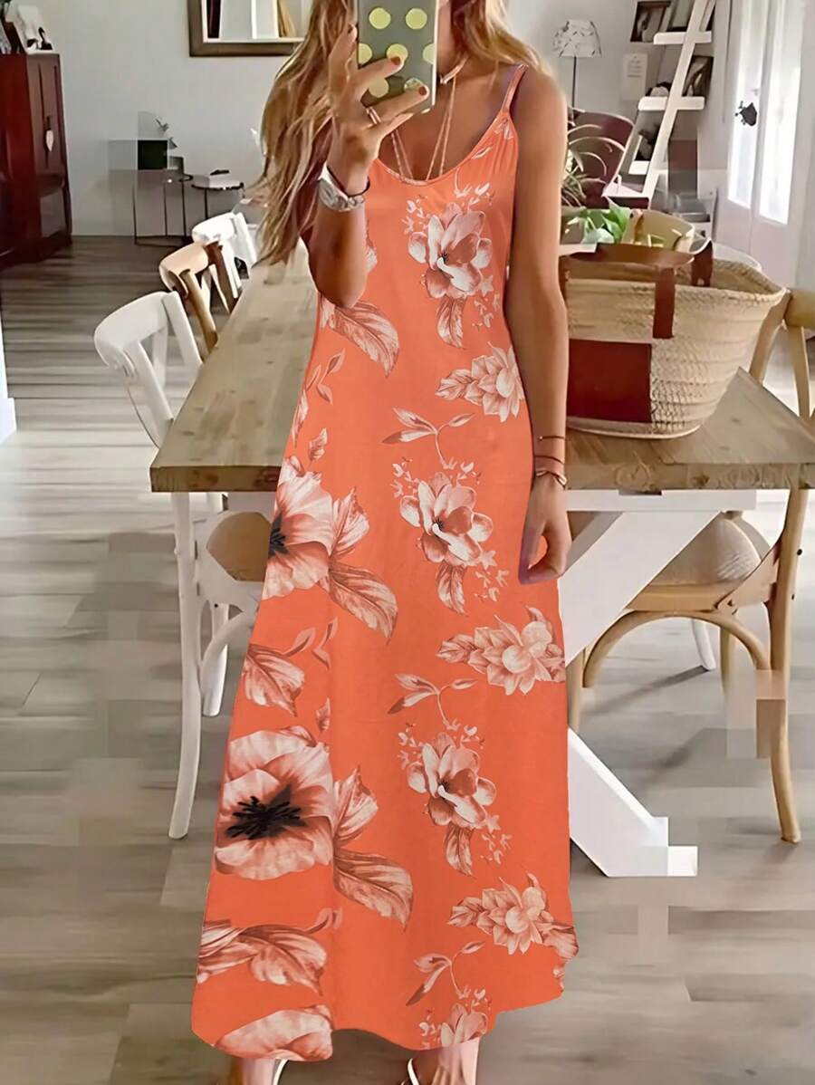 SHEIN LUNE 不对称剪裁印花时尚吊带连衣裙（大下摆花卉印花长裙）长款女装 - 橘色 - 查看 1