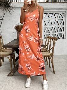 SHEIN LUNE 不对称剪裁印花时尚吊带连衣裙（大下摆花卉印花长裙）长款女装 - 橘色 - 查看 6