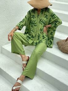 女款宽松衬衫和裤子套装 两件套 绿色印花裤套装