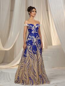 Faeriesty 优雅的露肩正式晚礼服，适合女士穿着，配有紧身胸衣腰带和花卉贴花亮片刺绣。可拆卸腰带和美人鱼下摆，适合黑色领带晚会、红毯活动、歌剧之夜、颁奖典礼和慈善舞会。 - 寶藍色 - 查看 4