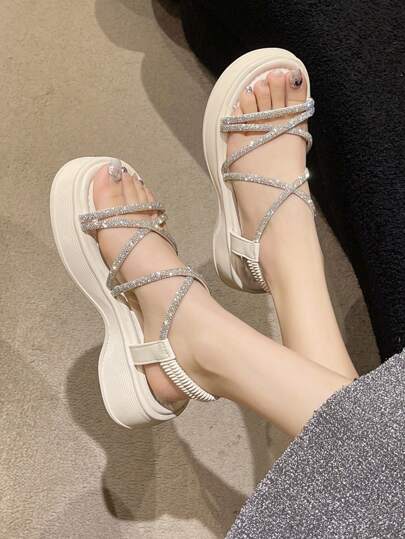 女士春季鑲有水晶的楔形涼鞋,帶有平臺和十字紋帶