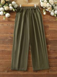 SHEIN 大尺碼純色彈性腰斜口袋休閒多用笏直褲 - 軍綠色 - 查看 2