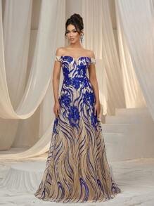 Faeriesty 优雅的露肩正式晚礼服，适合女士穿着，配有紧身胸衣腰带和花卉贴花亮片刺绣。可拆卸腰带和美人鱼下摆，适合黑色领带晚会、红毯活动、歌剧之夜、颁奖典礼和慈善舞会。 - 寶藍色 - 查看 7