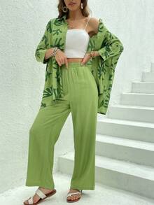女款宽松衬衫和裤子套装 两件套 绿色印花裤套装