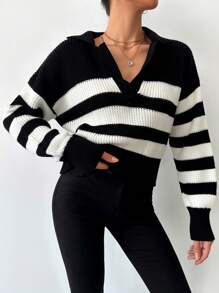 SHEIN Tall Black And White Striped Pattern Drop Shoulder Sweater, Tall Women - Black - View 3