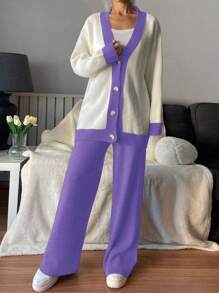 EURMUSE Color-block Drop Shoulder Sweater Cardigan And Solid Color Wide Leg Pants Two Piece Set - Purple - View 7