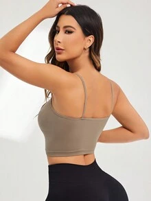 SHEIN Sports Women Solid Color Simple Daily Spaghetti Strap Crop Sports Cami Top - Khaki - View 2