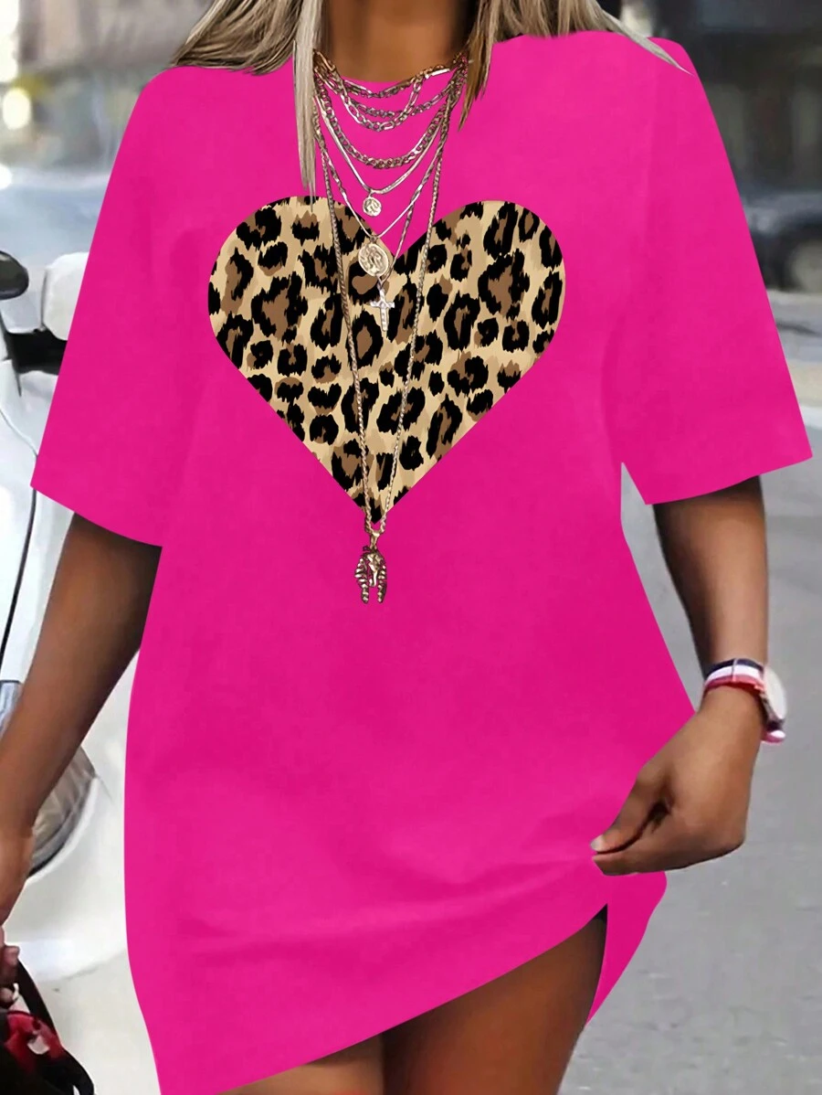 Calvaya Plus Size Women Fashionable Loose Leopard Print Heart T-Shirt Graphic Cheetah Print Tees Women Tops - Hot Pink - View 1
