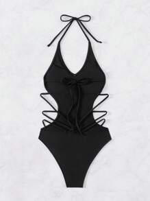 SHEIN Swim Ladies Solid Color Hollow Out Halter Neck Backless Monokini Swimsuit Summer