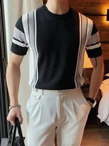 Men's Contrast Color Crew Neck Short Sleeve Casual Knit Top, Spring/Summer - Black - View 5
