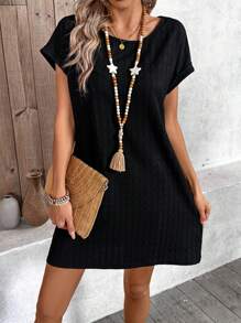 SHEIN LUNE Vestido negro con cuello redondo, hombro caído y textura - Negro - Ver 1