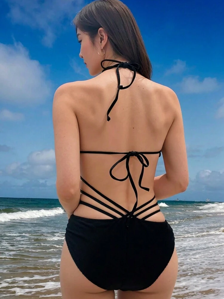 Ladies Solid Color Hollow Out Halter Neck Backless Monokini Swimsuit Summer