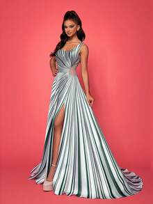 Smilprince 高端拼色条纹高开叉优雅正式晚礼服 - 綠色 - 查看 6