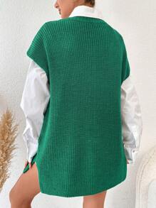 SHEIN 1pc Solid V Neck Sweater Vest - Green - View 2