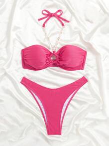 SHEIN Swim Solid Color Textured Hollow Out Pleated Faux Pearl Chain Detail Halter Bikini , Summer Beach - Hot Pink - View 4