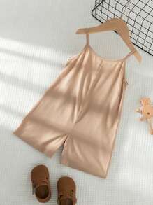 SHEIN Vintaside Kids Young Girl Vacation Dual-Pocket Jumpsuit Sleeveless Shorts, Summer