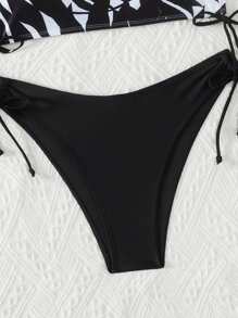 SHEIN Swim Leaf Printed Side Tie Bikini Set Top With Spaghetti Straps And Triangle Bikini Set Bottom Summer Beach Two Pieces Bikini Set, Random Print - Black and White - View 5