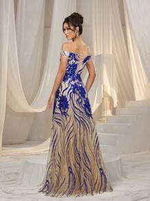 Faeriesty 优雅的露肩正式晚礼服，适合女士穿着，配有紧身胸衣腰带和花卉贴花亮片刺绣。可拆卸腰带和美人鱼下摆，适合黑色领带晚会、红毯活动、歌剧之夜、颁奖典礼和慈善舞会。 - 寶藍色 - 查看 3