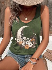 INAWLY 月亮圖案休閒女士春夏坦克頂 - 軍綠色 - 查看 1